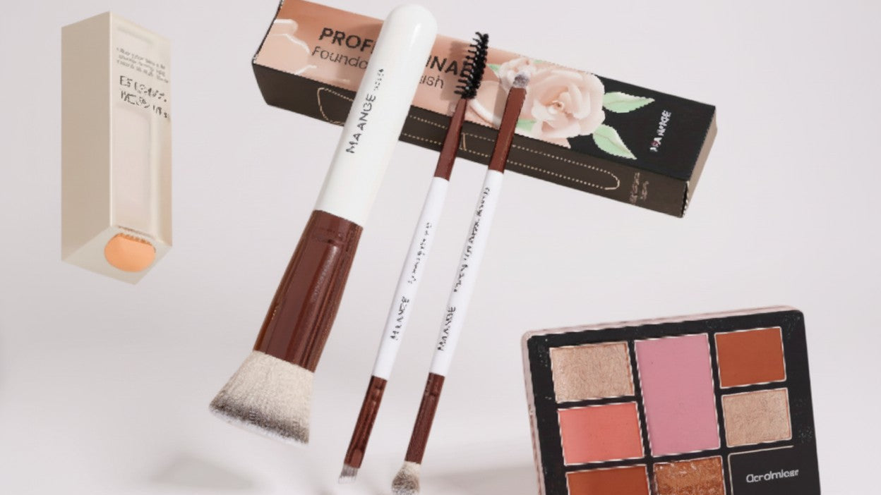 Set visage 3 pièces : pinceaux fond de teint, blush et cils, poils doux, livré avec boîte portable pour maquillage pratique.