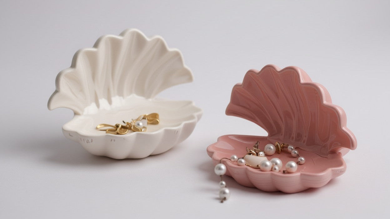 Ceramic Shell Jewelry Tray - Art Deco Style, Multipurpose Semi-Circular Key and Jewelry Holder - For Entryway/Vanity - Home Room Decor - Thoughtful Gift for Mother/Friend - Perfect for Weddings &amp; Housewarmings