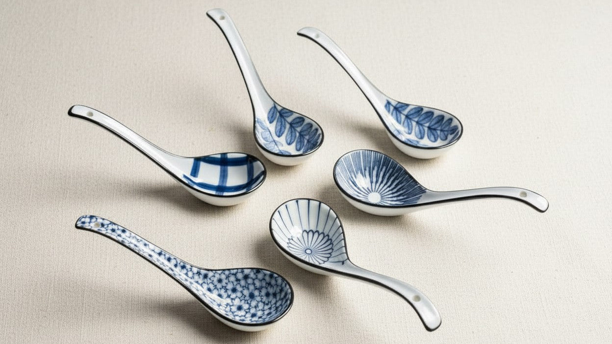 Lot de 5 petites cuillères japonaises artisanales, résistantes haute température, peintes à la main, pour soupe, nouilles ou desserts.