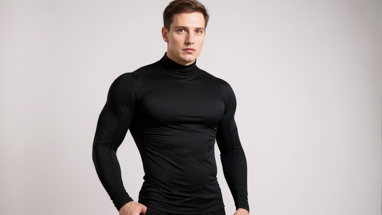 T-shirt thermique homme à manches longues, slim fit, tissu extensible, col montant, idéal pour sport, course et activités extérieures en conditions froides.
