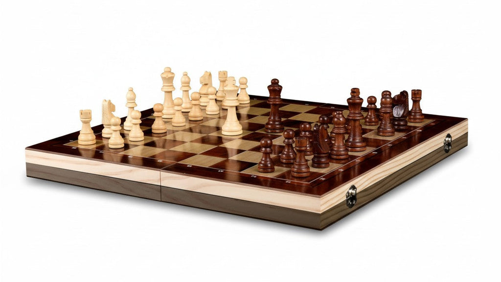 Jeu d’échecs en bois 3‑en‑1, pliable et portable, tailles 24 cm et 34 cm, idéal pour parties à emporter.