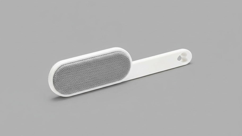 Brosse manuelle à double face pour poils et peluches. Bristles robustes, sans électricité, idéale pour vêtements, meubles, tapis et voyages.