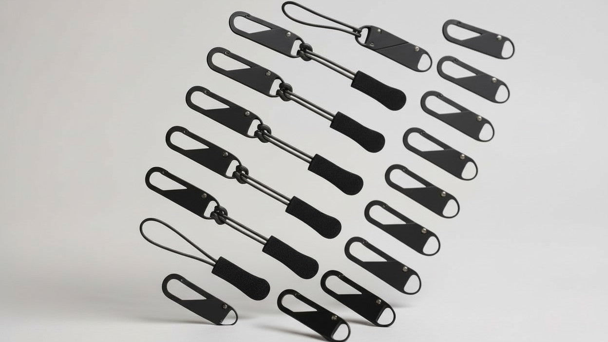 Lot de 41 tirettes de fermeture éclair noires, doubles faces, avec curseur détachable, idéales pour bagages, vêtements, sacs et accessoires outdoor.