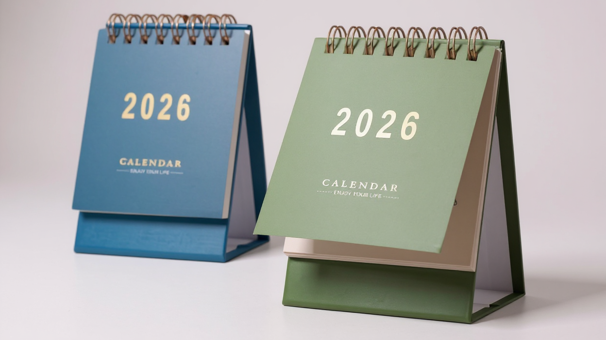 Mini calendrier de bureau 2026, planificateur mensuel et hebdomadaire, papier épais 250 g/m², reliure double spirale, compact et élégant pour maison ou bureau.
