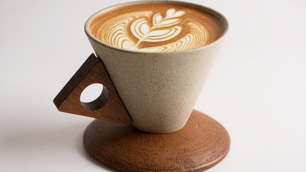 Tasse à café en céramique 250 ml, artisanale, bec verseur large, poignée bois, sous‑verre inclus, idéale maison, bureau ou cadeau.