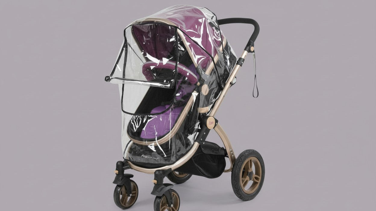 Housse pluie pour poussette, coupe-vent et protection UV, sangles réglables, design violet et noir, portable, usage extérieur toutes saisons.