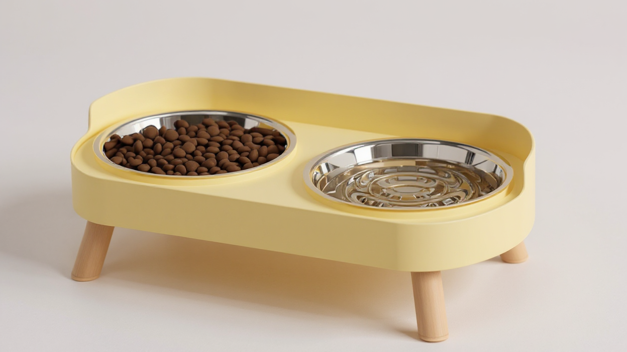 Bol double surélevé pour chats et chiens, acier inoxydable/plastique, barrière anti-éclaboussures, combine eau et nourriture pour confort et propreté.