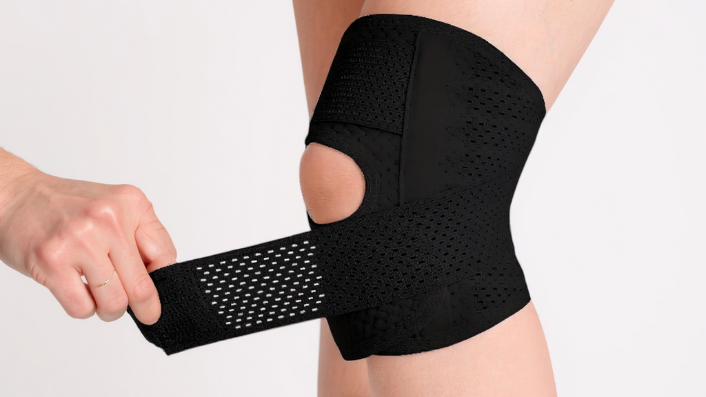 Genouillère ajustable compressive, maintien rotulien, respirante avec bandes élastiques et sangles pour soutien optimal du genou.