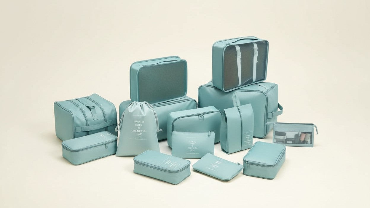 Set de 7 organiseurs de voyage en polyester, cubes de rangement pour vêtements, chaussures et cosmétiques, pratique et élégant.