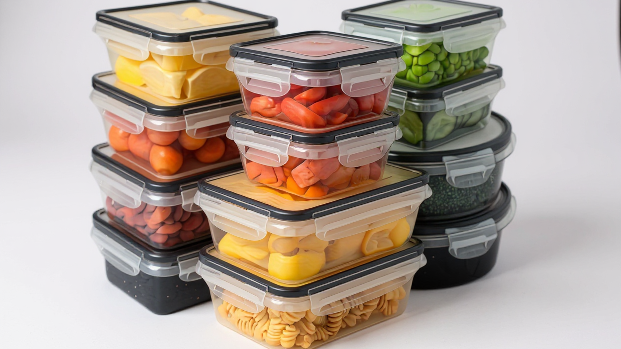 Set de 8 boîtes repas plastiques rectangulaires, 4 tailles, couvercles flip-top, réutilisables, micro-ondes et congélateur, anti-odeur, parfait pour légumes, fruits et snacks.