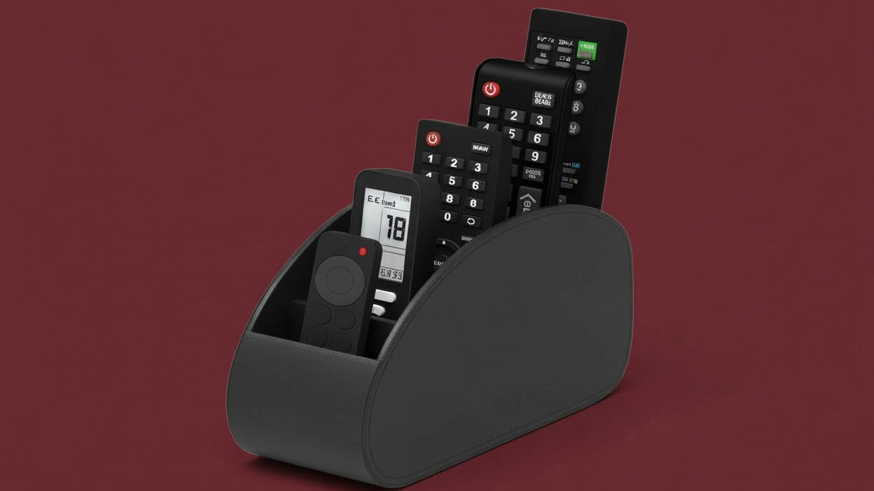 Organisateur télécommandes 5 compartiments, compatible TV/DVR, optimise espace salon, bureau ou chambre, pratique pour télécommandes, lunettes et petits accessoires.