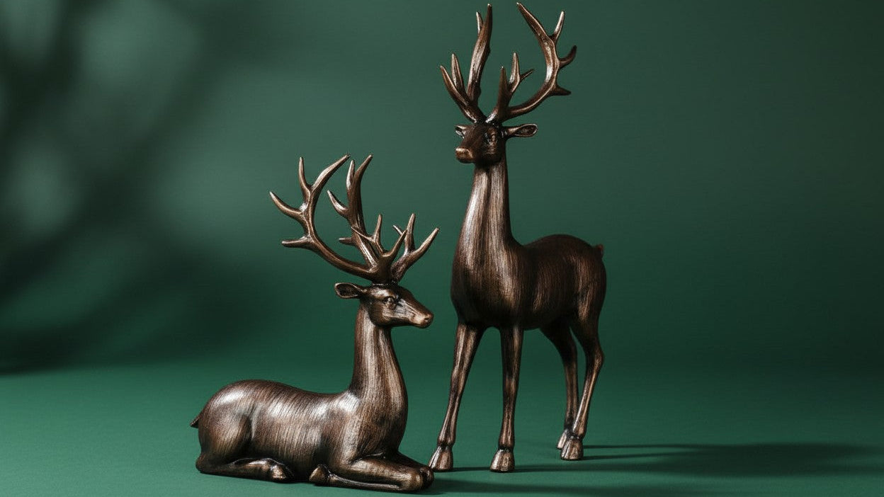 زوج من تماثيل الأيائل البرونزية، مثالية لديكور عيد الميلاد، مثالية لديكورات العطلات المختلفة، مناسبة لغرفة المعيشة، غرفة النوم، المكتب، المدخل، شجرة عيد الميلاد، إلخ، هدية مثالية، لا تتطلب كهرباء