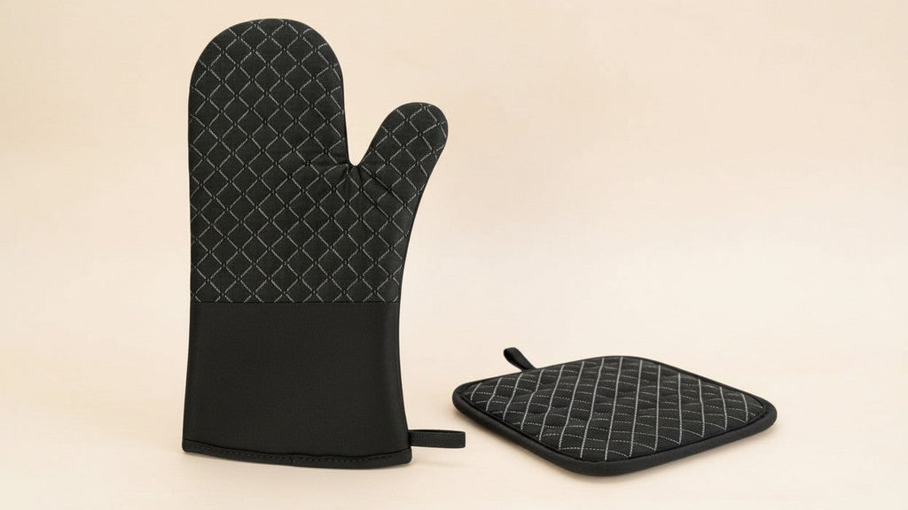 Ensemble gant et tapis de cuisine : polyester durable, facile à nettoyer, résistant à la chaleur. Accessoire essentiel pour une utilisation domestique quotidienne.