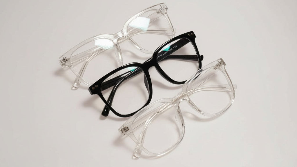 Lot de 3 lunettes unisexes, style campus, monture noire transparente, design ergonomique épousant les contours du visage, tendance et confortable.