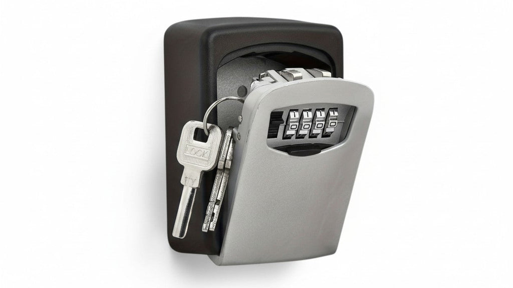 Boîte à clés sécurisée avec couvercle coulissant, combinaison personnalisable, capacité 8 clés, métal et plastique durable, accès facile sans clé.
