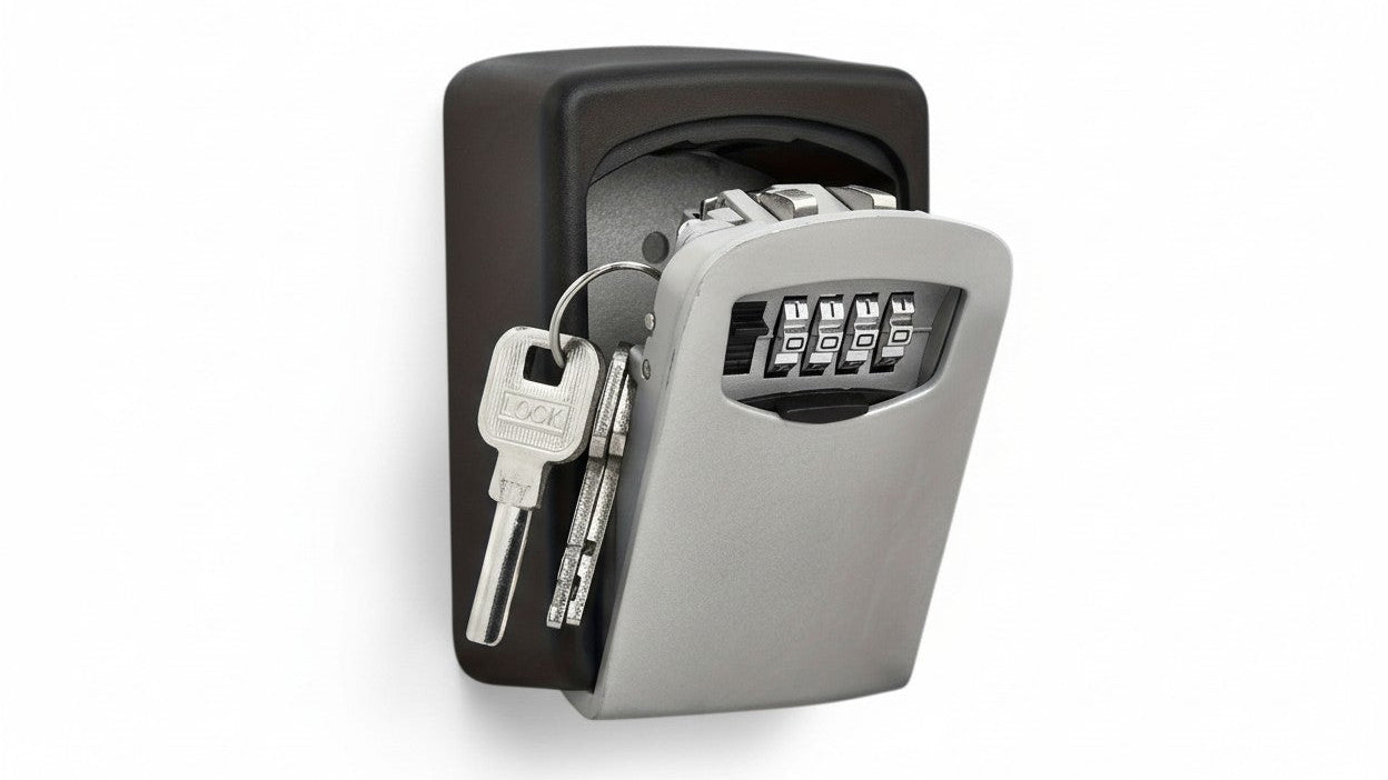 Boîte à clés sécurisée avec couvercle coulissant, combinaison personnalisable, capacité 8 clés, métal et plastique durable, accès facile sans clé.