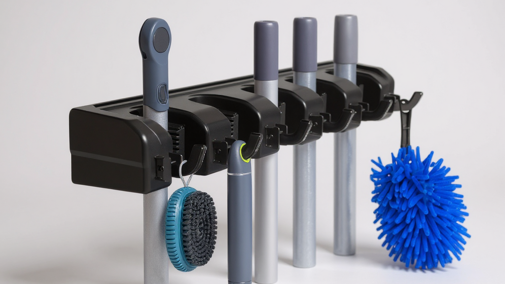 Support mural pour balais et vadrouilles, plastique anti-rouille, organise outils de jardin, buanderie ou garage, avec crochets pour râteaux, pelles et balais.