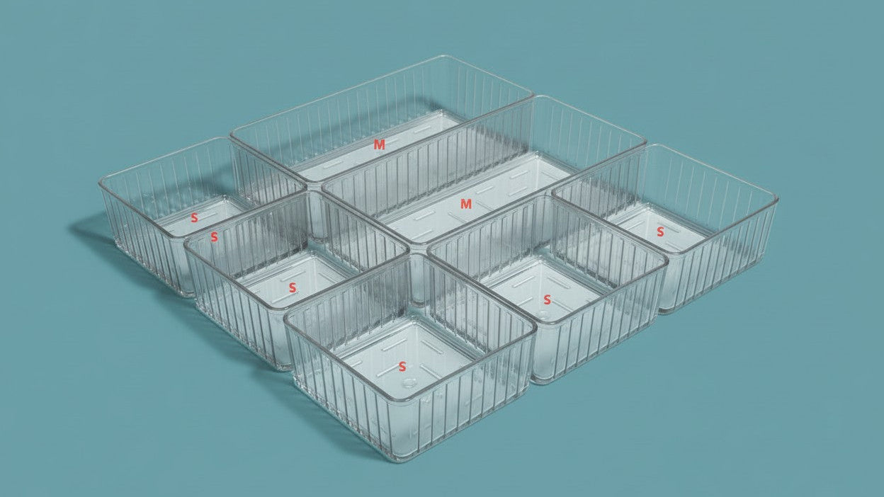 Set de 11/7/4 boîtes de rangement en plastique transparent, 4 tailles, organisent cosmétiques, ustensiles, bureau ou accessoires de chambre et salle de bain.