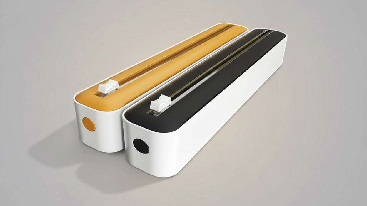 Distributeur et coupeur double action, réutilisable, pour film plastique, aluminium, papier cuisson et cire, design moderne blanc/noir avec accents orange.