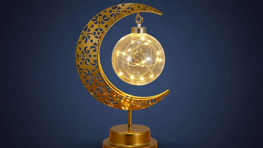 Islamic Crescent Moon &amp; Star LED Table Lamp with Warm White/Golden Light - Muslim Prayer, Ramadan &amp; Eid Decor, Plastic &amp; Golden- Dome for Bedside,, Islamic Décor (-Free -)