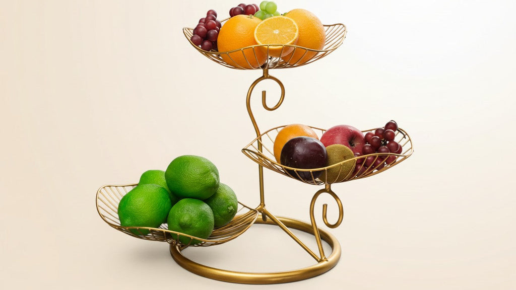 Support à fruits en fer élégant à 3 niveaux. Panier décoratif pour salon, table basse et cuisine, parfait pour servir des snacks et desserts.