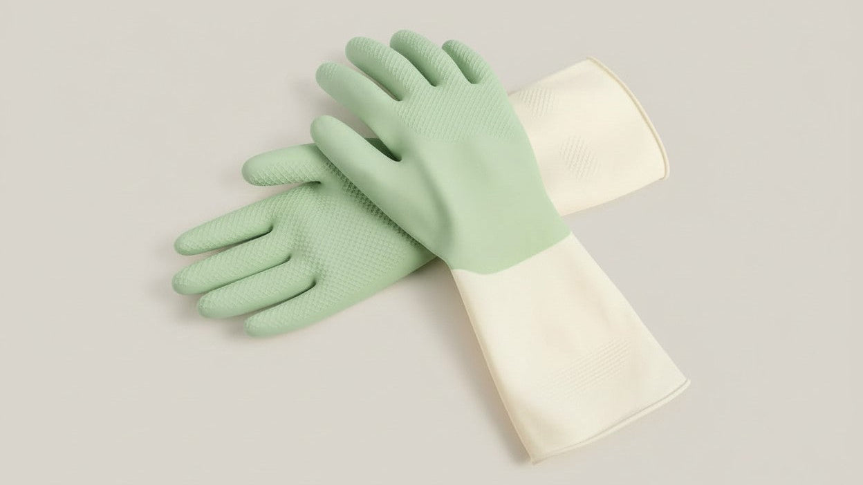 Gants de cuisine en latex épais : imperméables, antidérapants, beige et vert menthe. Parfaits vaisselle, nettoyage et usage domestique. Ergonomiques et durables.