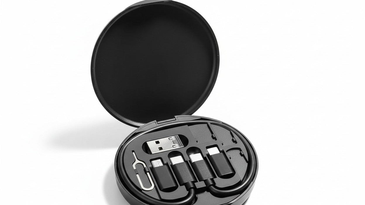 Câble USB-C 5-en-1 60 W, charge rapide, avec adaptateur, convertisseur OTG, cordon données et étui de rangement, compatible tous smartphones.