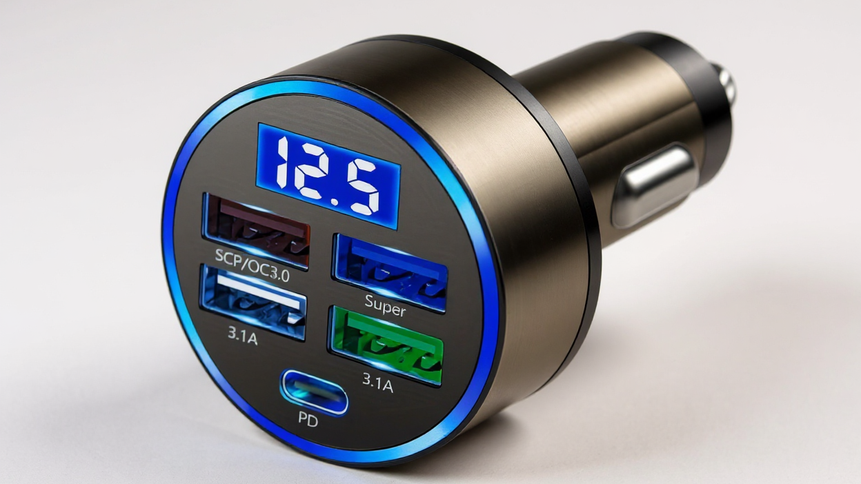 Chargeur voiture 4 ports PD + QC 3.0, recharge ultra-rapide USB/Type-C, compatible multi-appareils, délivrant une puissance stable et sécurisée en déplacement.