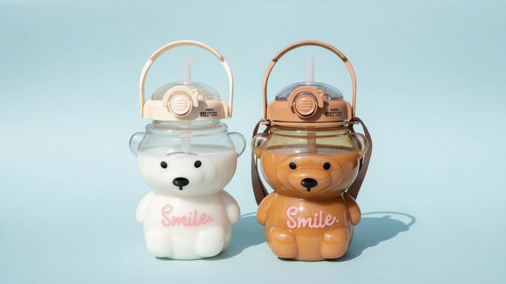 Bouteille d’eau ourson 1000 ml avec paille, étanche, polycarbonate rectangulaire, sans PVC, à laver à la main.