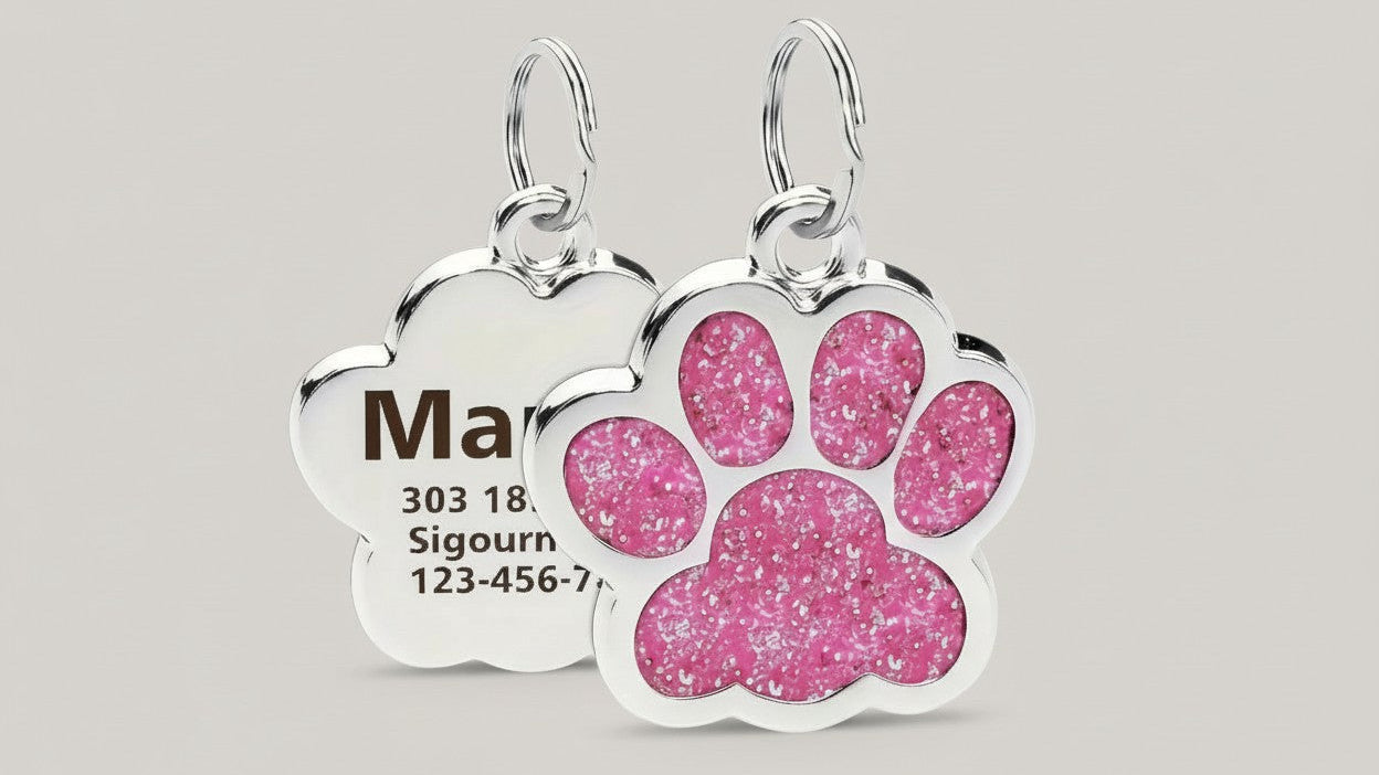 Médaille personnalisée pour chien, gravure laser, durable et résistante à la décoloration, forme patte, identifiant sécurisé pour animaux.