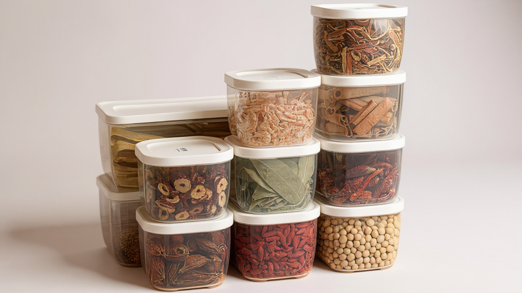 Set de 8 Boîtes à Épices Empilables : PP alimentaire, couvercles hermétiques, pots amovibles, idéal épices, herbes et condiments, cuisine et camping.