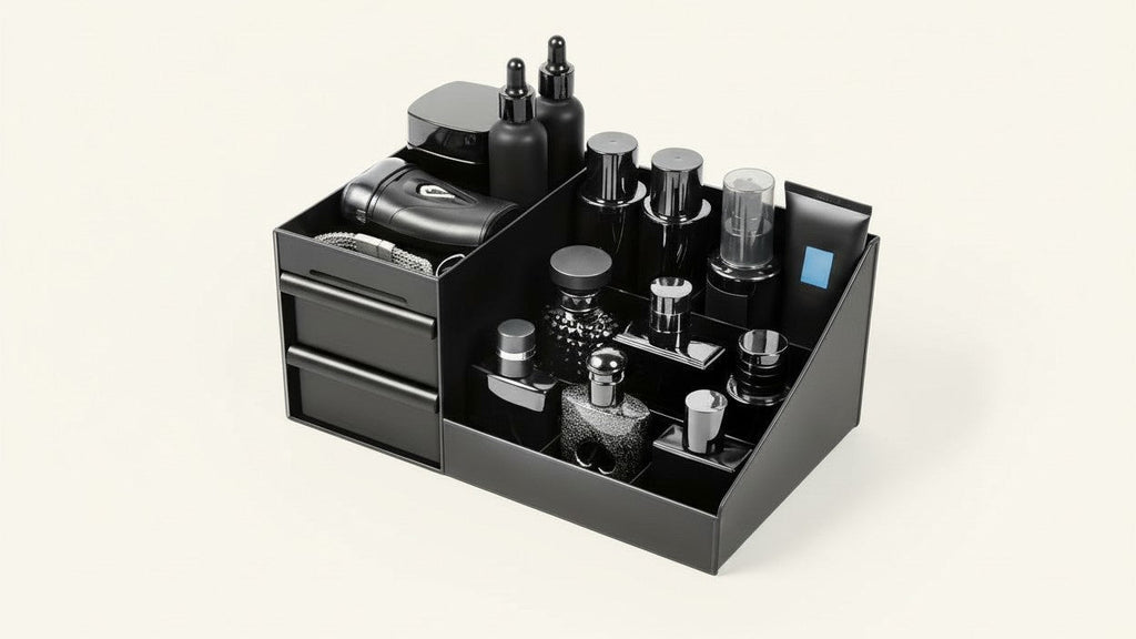 منظم بلاستيكي للرجال يُوضع على سطح الطاولة، يحتوي على عدة أقسام وأرفف قابلة للتعديل، يوفر تخزينًا عصريًا للعطور ومنتجات العناية الشخصية وأدوات النظافة، موفرًا للمساحة.