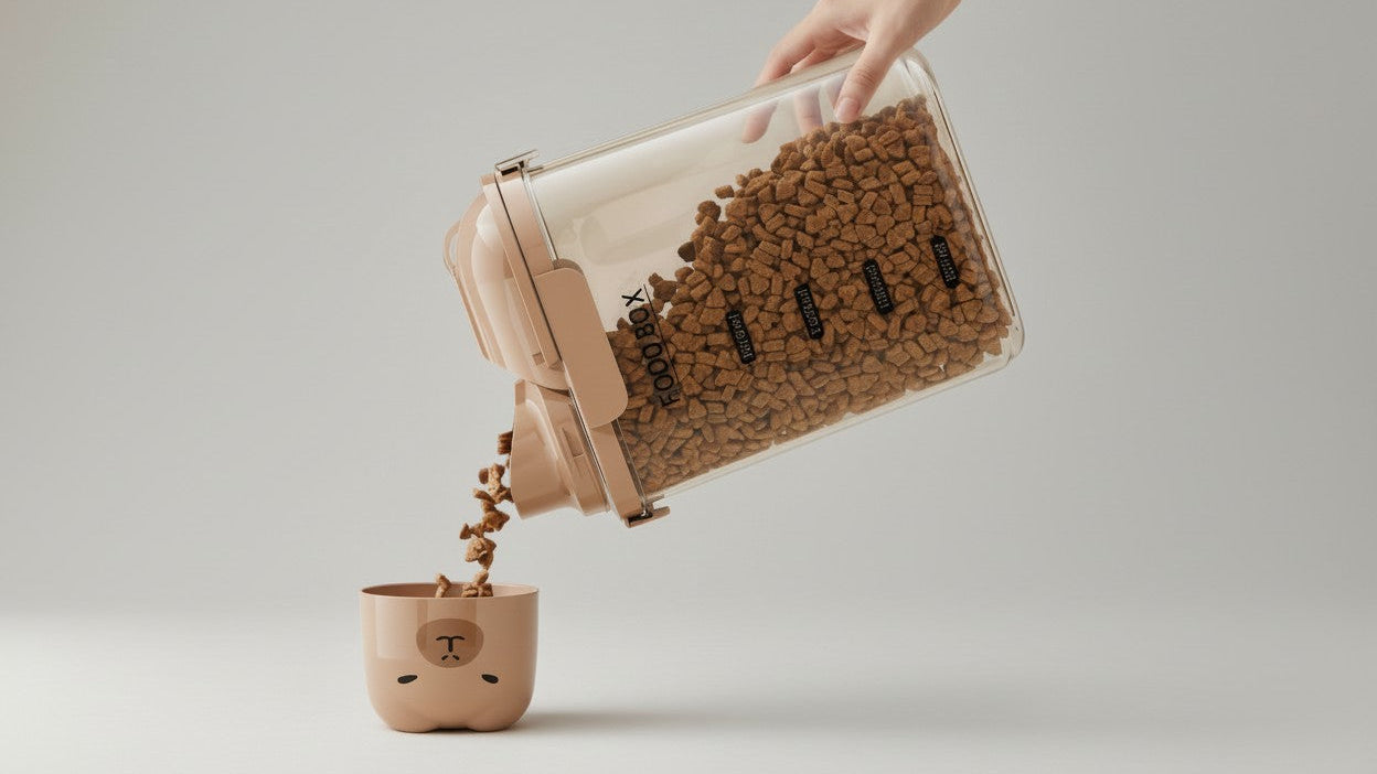 Seau hermétique pour nourriture de chien 2–2,8 L, plastique transparent, portable, idéal pour stocker croquettes et friandises en voyage.