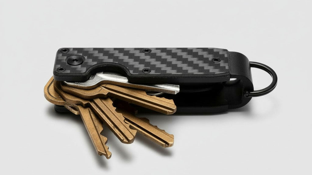 Boîte à clés compacte en métal, motif fibre de carbone, résistante aux rayures, légère et portable, avec mini tournevis et porte-clés bleu.