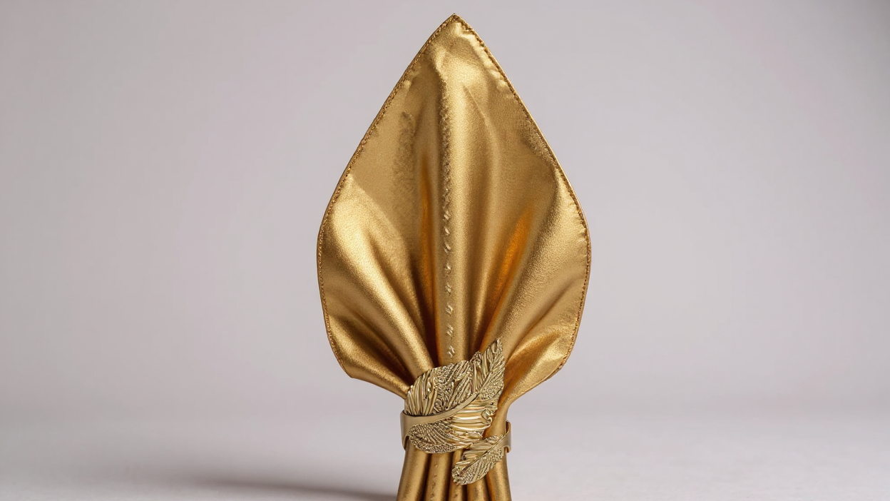 Lot VIJIV 12 pcs : 6 ronds de serviette dorés et 6 serviettes satin 17×17 cm, idéal mariages et fêtes.