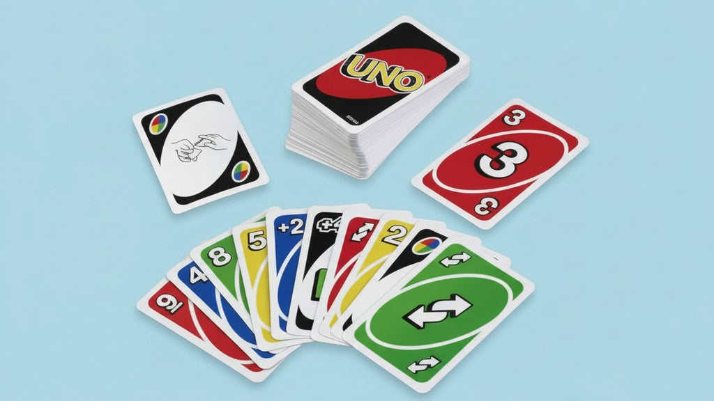 UNO classique, jeu de cartes couleurs et chiffres, 112 cartes avec actions spéciales, amusant pour adolescents et adultes, cadeau idéal enfants.