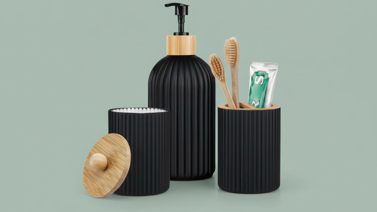 Set de distributeurs de salle de bain rechargeable (3 pièces). Distributeur de lotion, support pour coton-tiges et organisateur de brosses à dents, manuel, sans électricité.