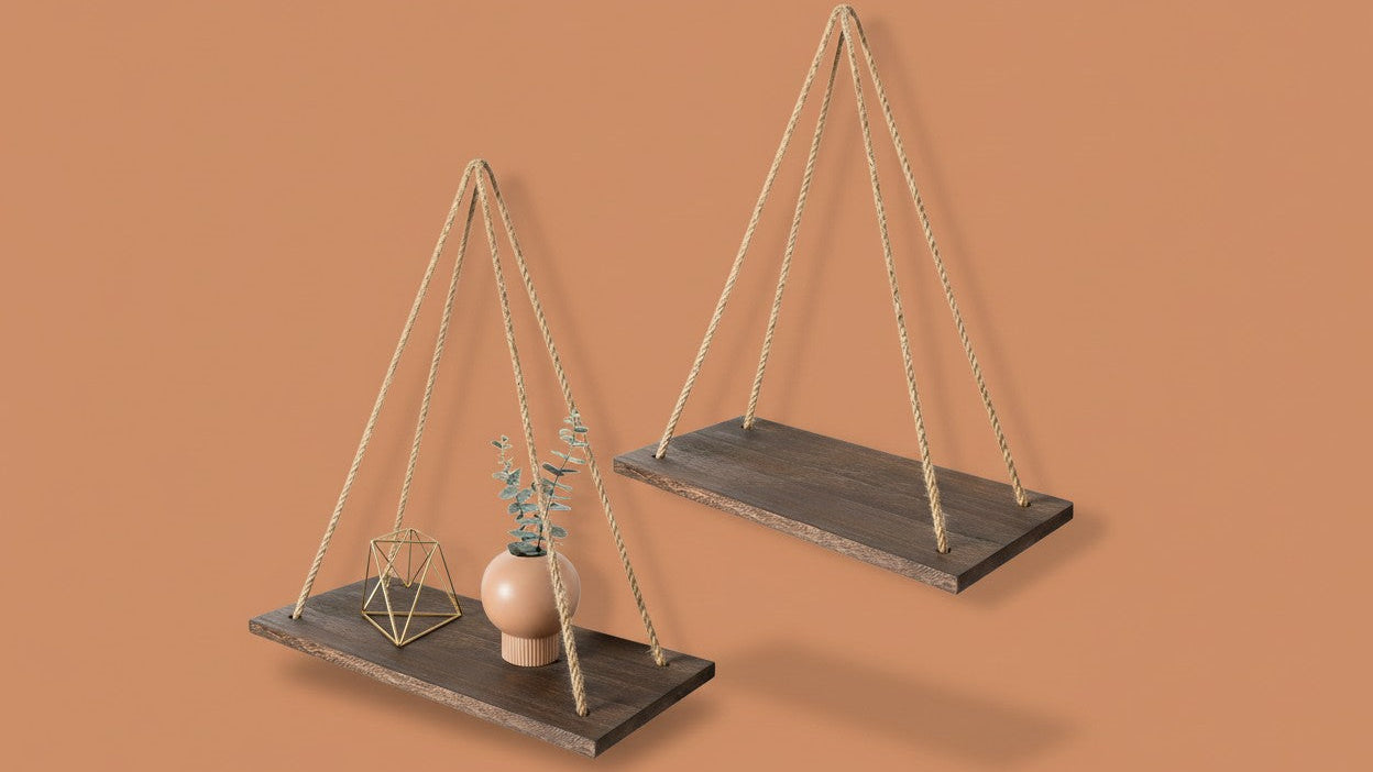 Lot de 2 étagères murales bohème, en bois rustique, pour plantes, photos ou décoration, adaptées chambre, salon ou salle de bain.