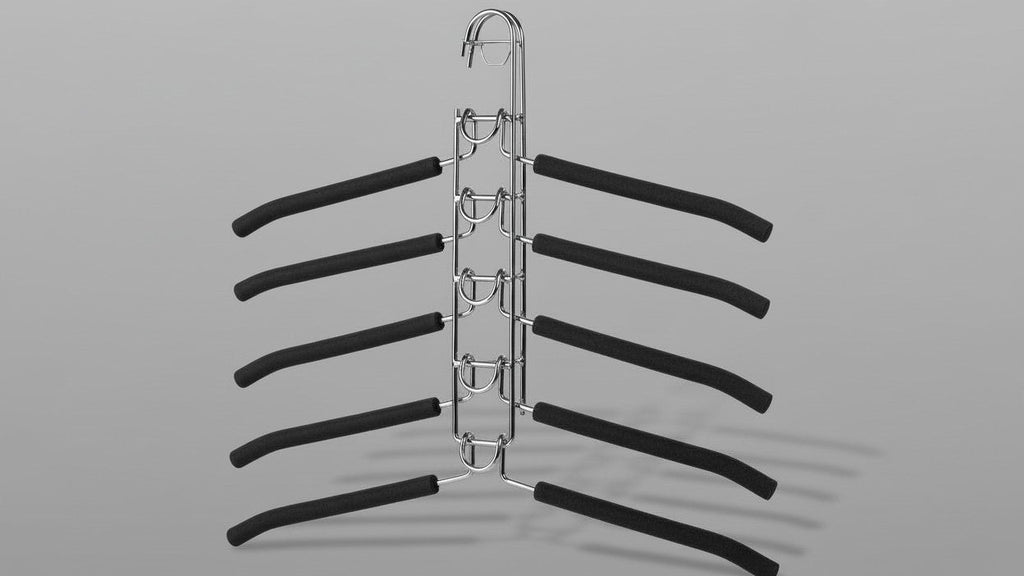 Lot 5 cintres métalliques robustes multi-couches 5-en-1 avec mousse, finition polie, optimisant l’espace pour manteaux, pulls, costumes, t-shirts.