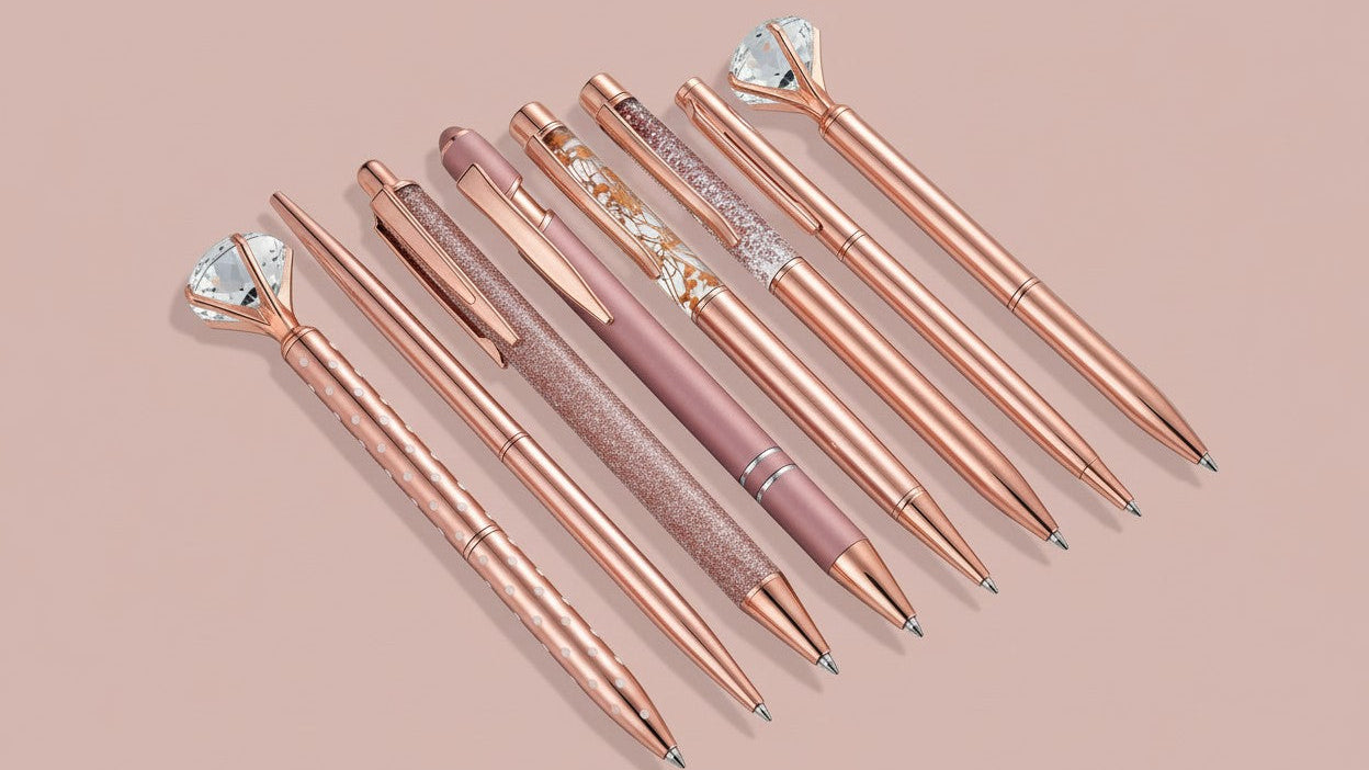 Lot de 8 stylos métalliques rose doré, décor cristaux colorés, élégants, parfaits pour étudiants, bureau, cadeaux et mariages.