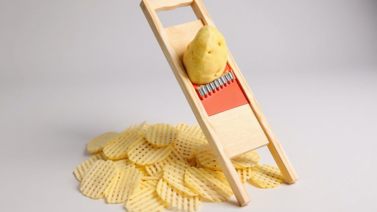 Coupe-Légumes et Pommes de Terre 2-en-1 : Manuel, plastique durable, lame ondulée, crée formes en vagues et fleurs, idéal cuisine créative.