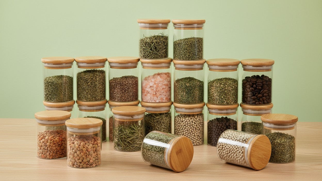 مجموعة واحدة من ١٢ برطمانات تخزين، ٦ أو ٤ قطع، مصنوعة من مادة بوروسيليكات عالية شفافة بأغطية خشبية محكمة الغلق، حاويات محمولة للشاي، وحبوب البن، والسكر، والحلوى، والكعك، والتوابل، ولوازم المطبخ المنزلية، ومنظمات المطبخ والتخزين، والتوابل