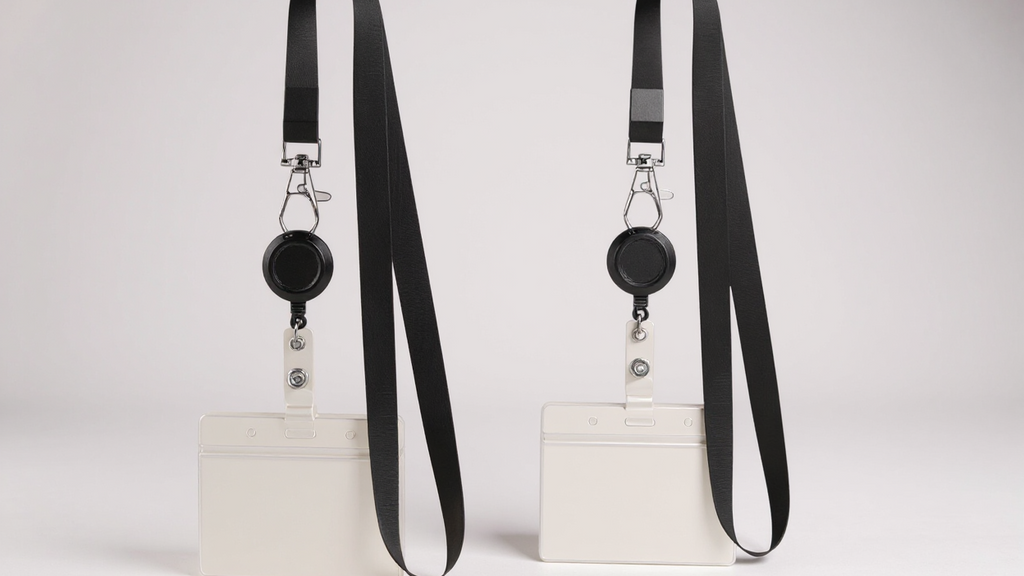 Lot de 2 lanières noires avec enrouleur rétractable et clip ID, accompagné de cartes verticales, parfait pour enseignants et bureaux.