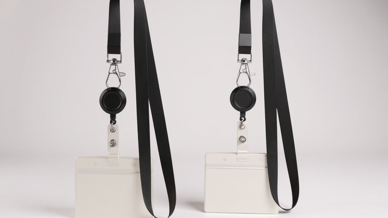 Lot de 2 lanières noires avec enrouleur rétractable et clip ID, accompagné de cartes verticales, parfait pour enseignants et bureaux.