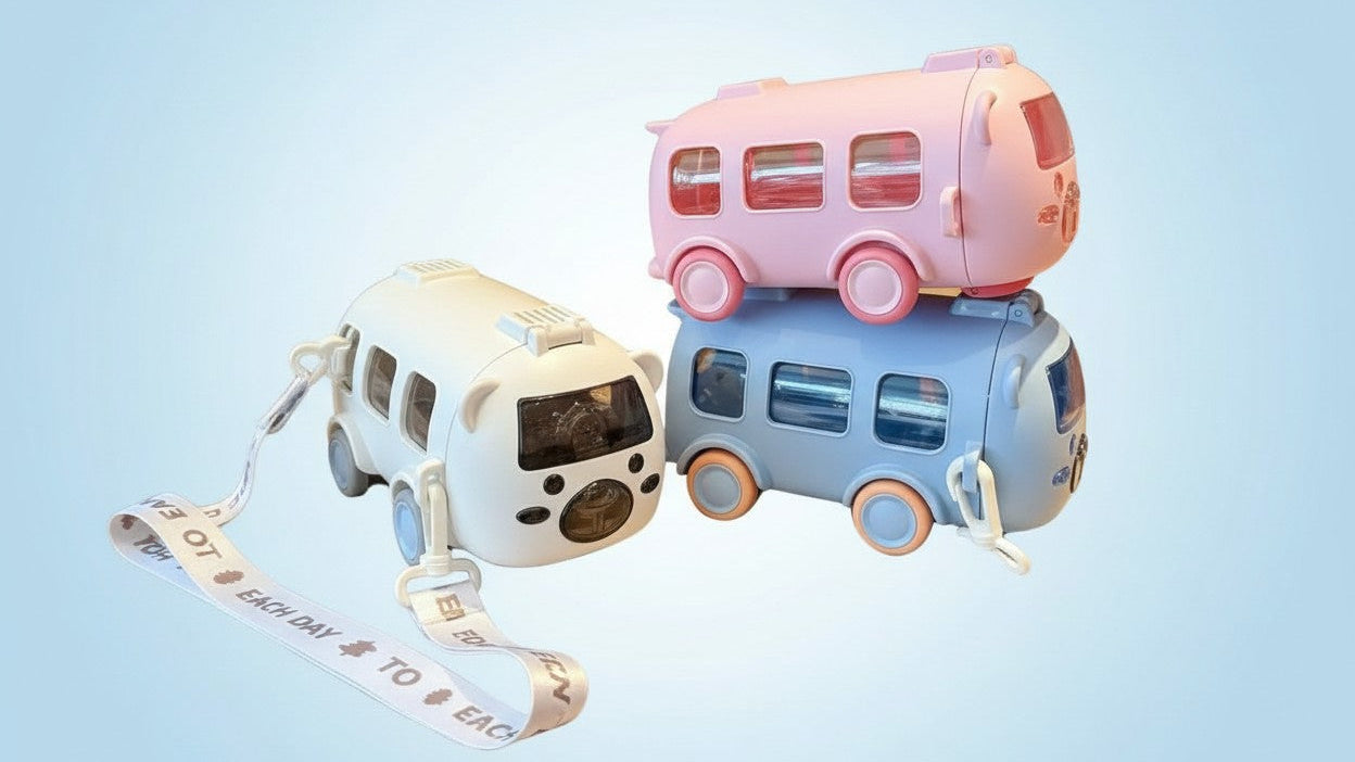 Gourde isotherme en forme de bus, 500 ml, paille et sangle, réutilisable en polycarbonate, à laver à la main.