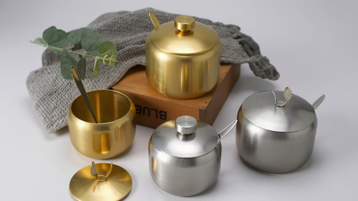 3pcs Set: 1pc Jar + 1pc Lid + 1pc Spoon, Round Handle Stainless Steel Spice Jar - Multi-Functional Sugar Container for Salt, Pepper &amp; MSG Storage, Durable Shaker Bowl with Drill-Free Installation, Reusable Salad Dish, Kitchen