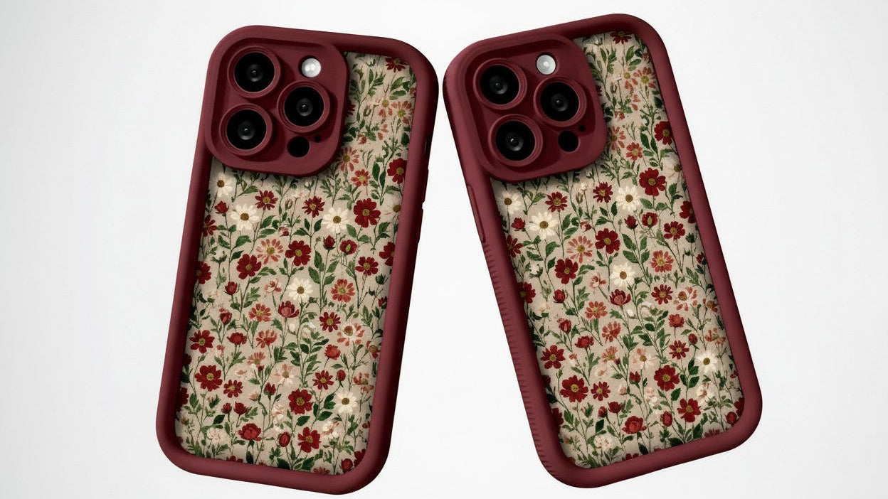 Coque rétro rouge vin avec motif fleurs et herbes, protection antichoc complète, couvre lentille, compatible iPhone 14 à 16 Pro Max, design élégant.