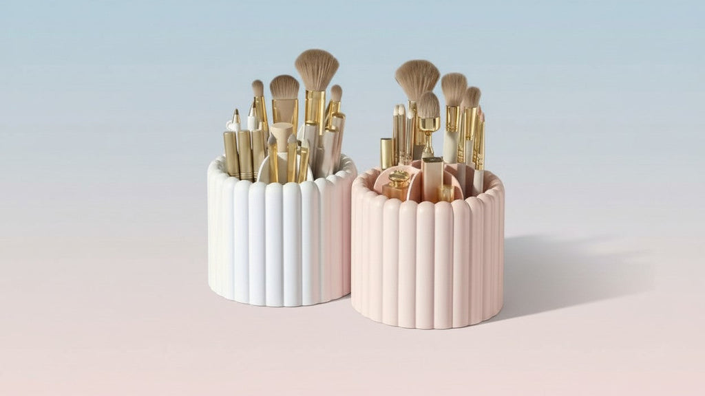 Organiseur de maquillage rotatif 360° Sans montage, rotation fluide, gain de place, compatible pinceaux, rouges à lèvres et outils beauté, idéal maison, salon ou voyage.