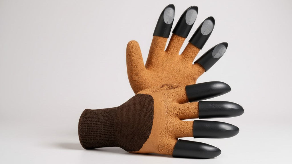 Paire de gants bruns avec 8 griffes noires, idéale pour jardinage, plantation et désherbage efficace.