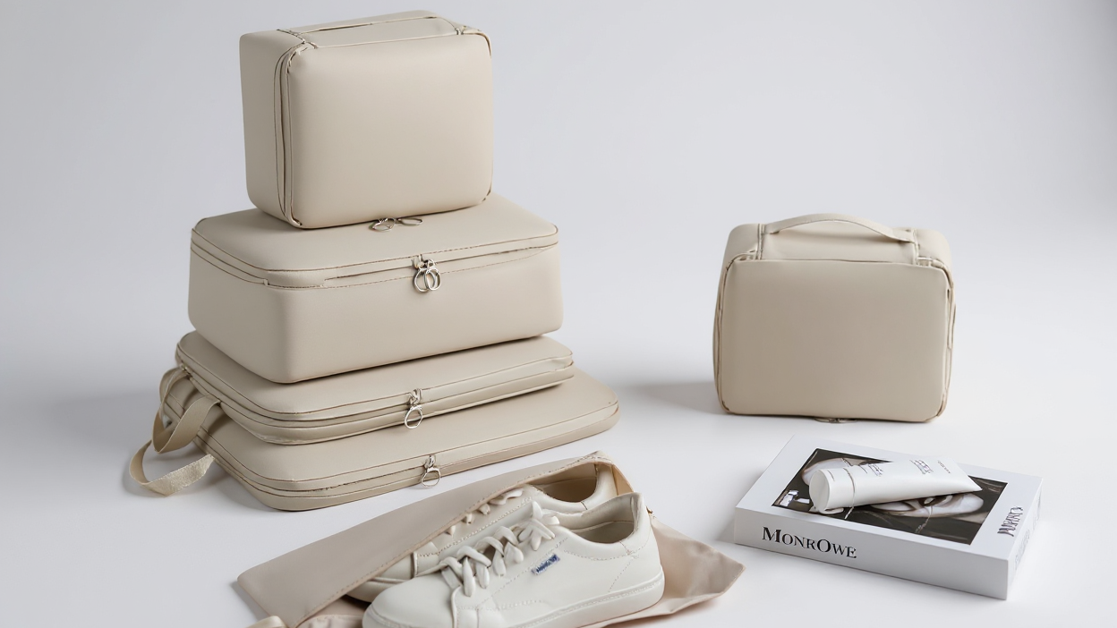 Ensemble minimaliste de 6 cubes de compression en polyester durable, idéal pour organiser vêtements et articles de toilette dans les bagages.